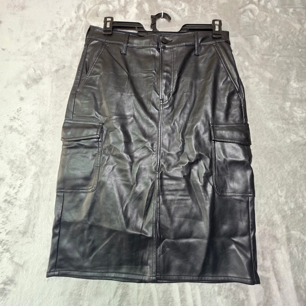 Gap Denim Womens Black Faux Leather Cargo Midi Skirt Size 10/30 Utility Pocket